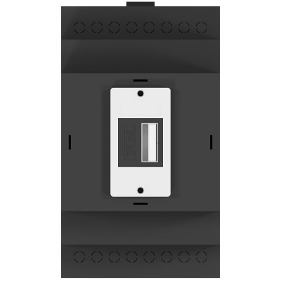 Carcasa MMP-D con 1 puerto en negro, soporte para carril DIN y cargador USB-A keystone module